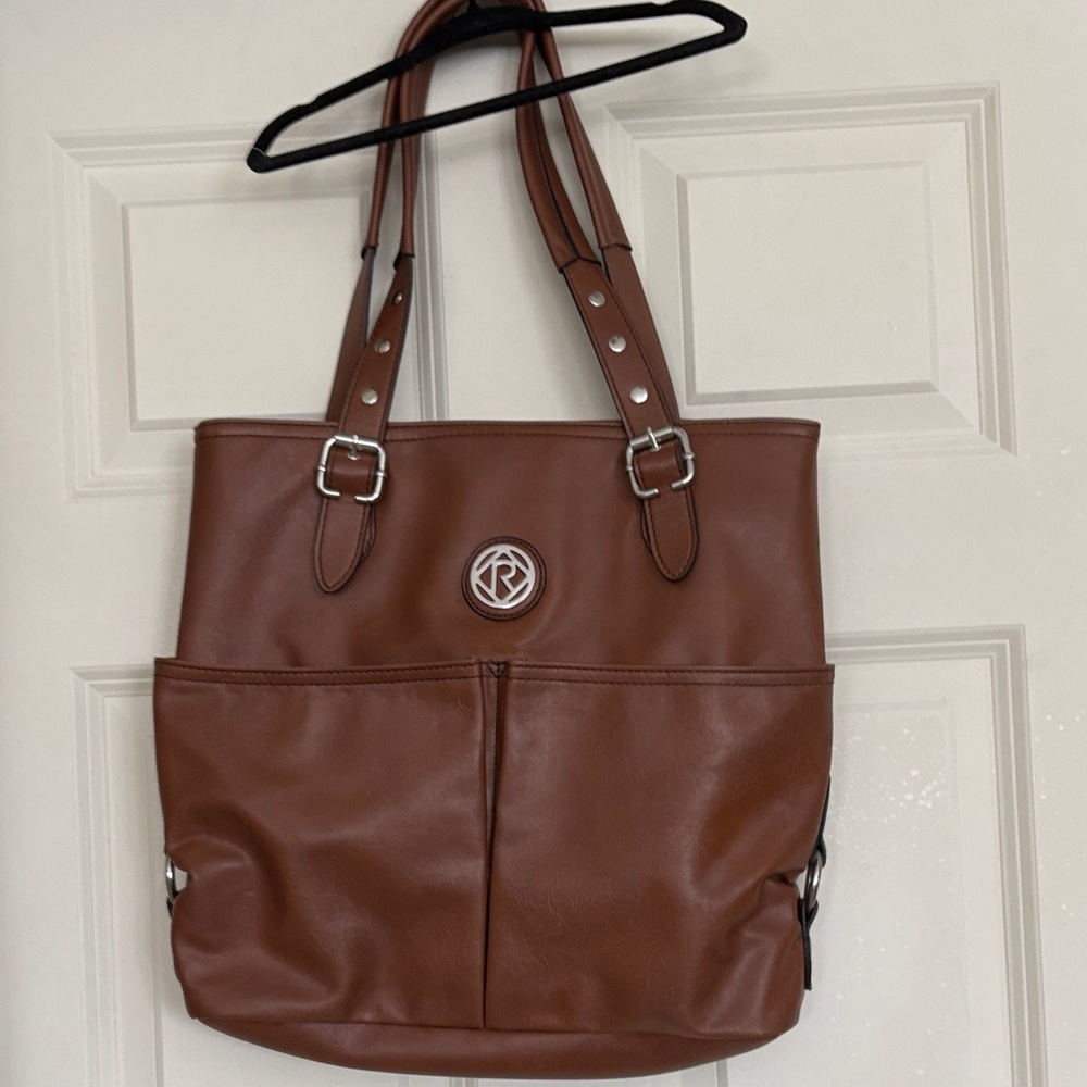 Structured Brown Faux-Leather Tote with Logo Medallion